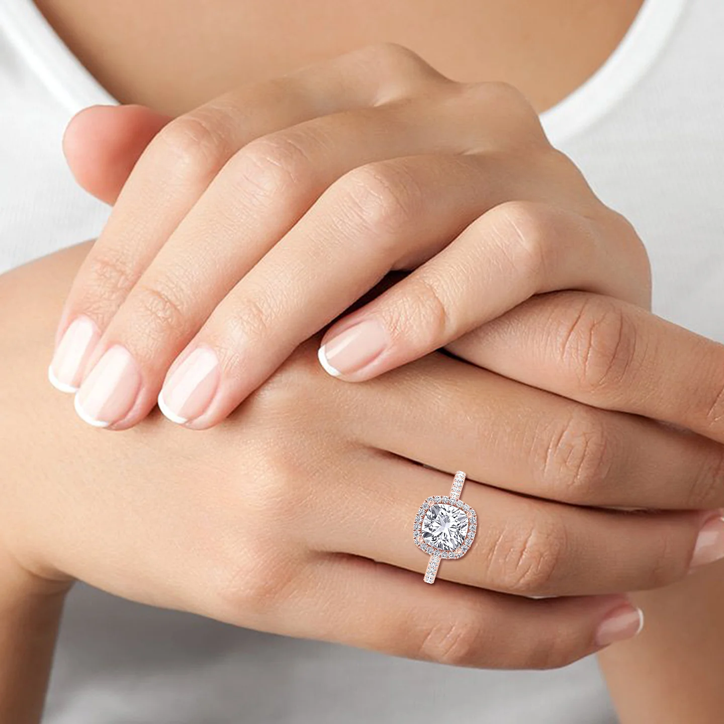Cushion Cut Halo Lab Grown Diamond Engagement Ring With Thick Pave Band - Image 12