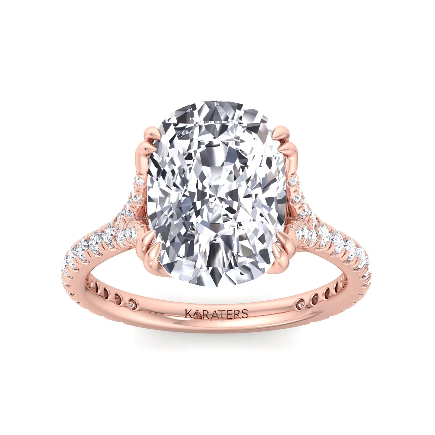 Elongated Cushion Shape Lab Grown Diamond Engagement Ring with Double Claw and Pave Band - Image 15