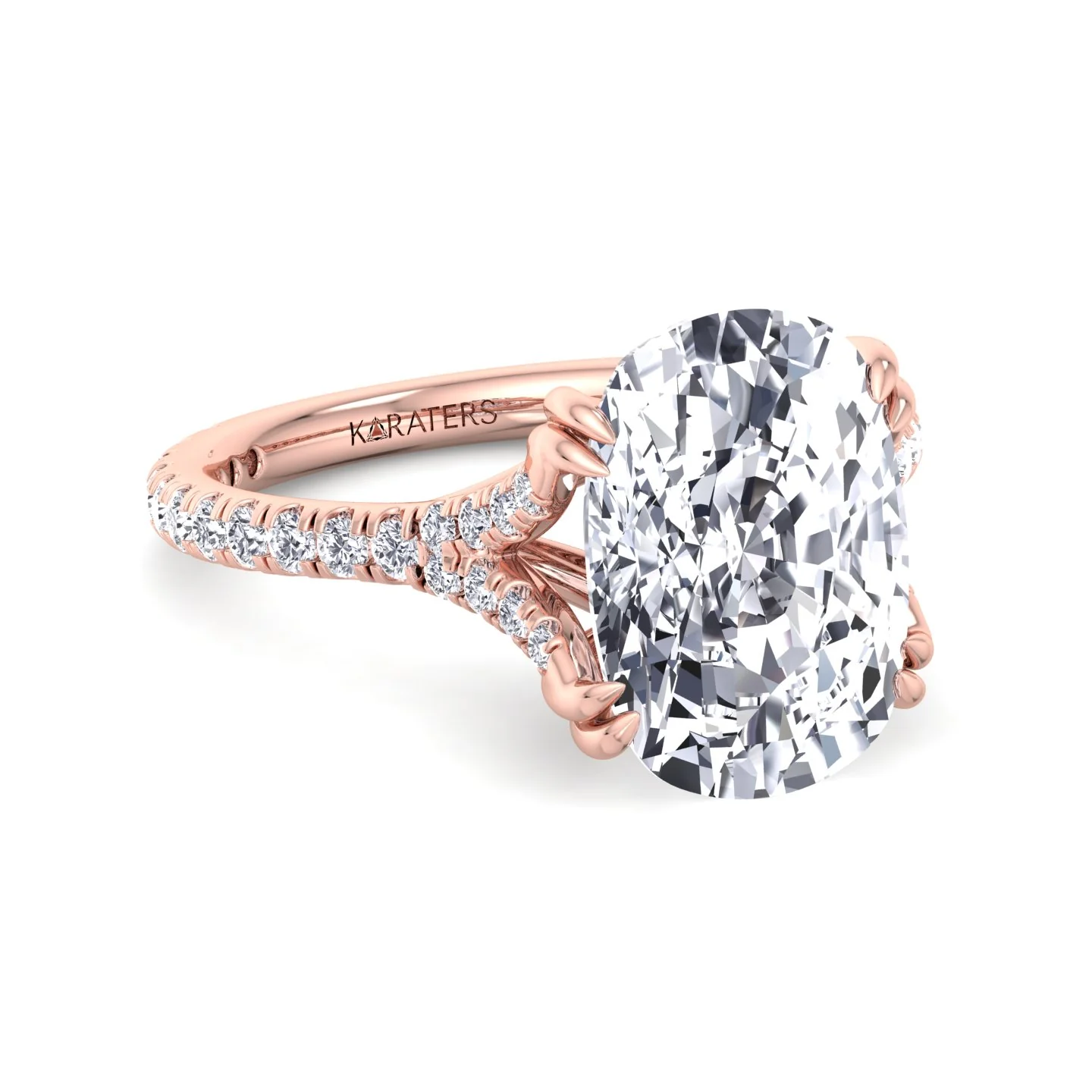 Elongated Cushion Shape Lab Grown Diamond Engagement Ring with Double Claw and Pave Band - Image 16