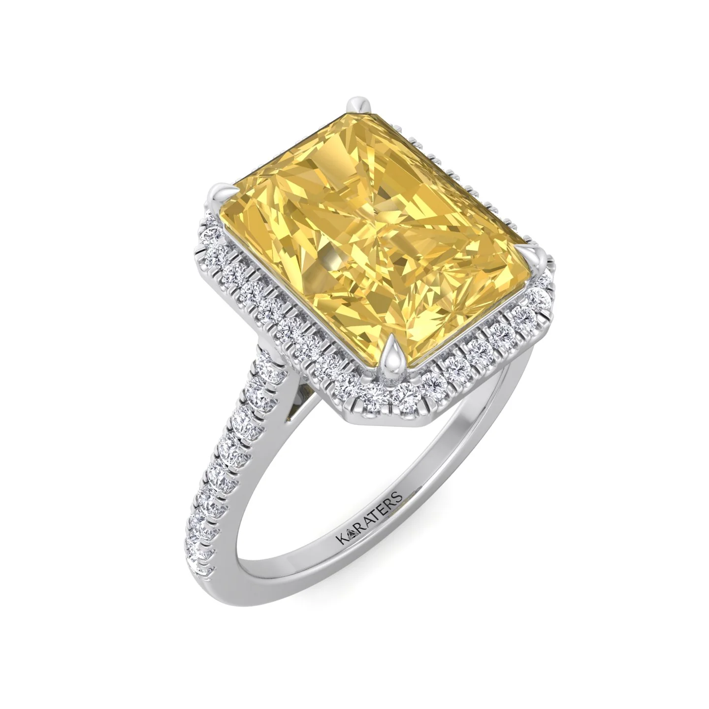 Radiant Cut Canary Yellow Lab-Grown Diamond Engagement Ring With Pave Band and Halo - Image 4