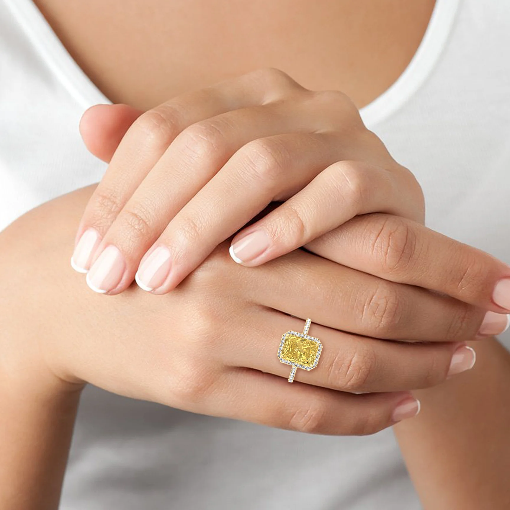 Radiant Cut Canary Yellow Lab-Grown Diamond Engagement Ring With Pave Band and Halo - Image 8