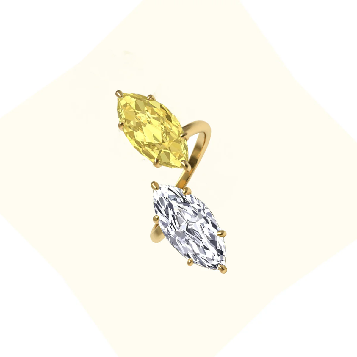 Fancy Yellow Marquise Cut Lab Grown Diamond Bypass Two Stone Engagement Ring - Image 6
