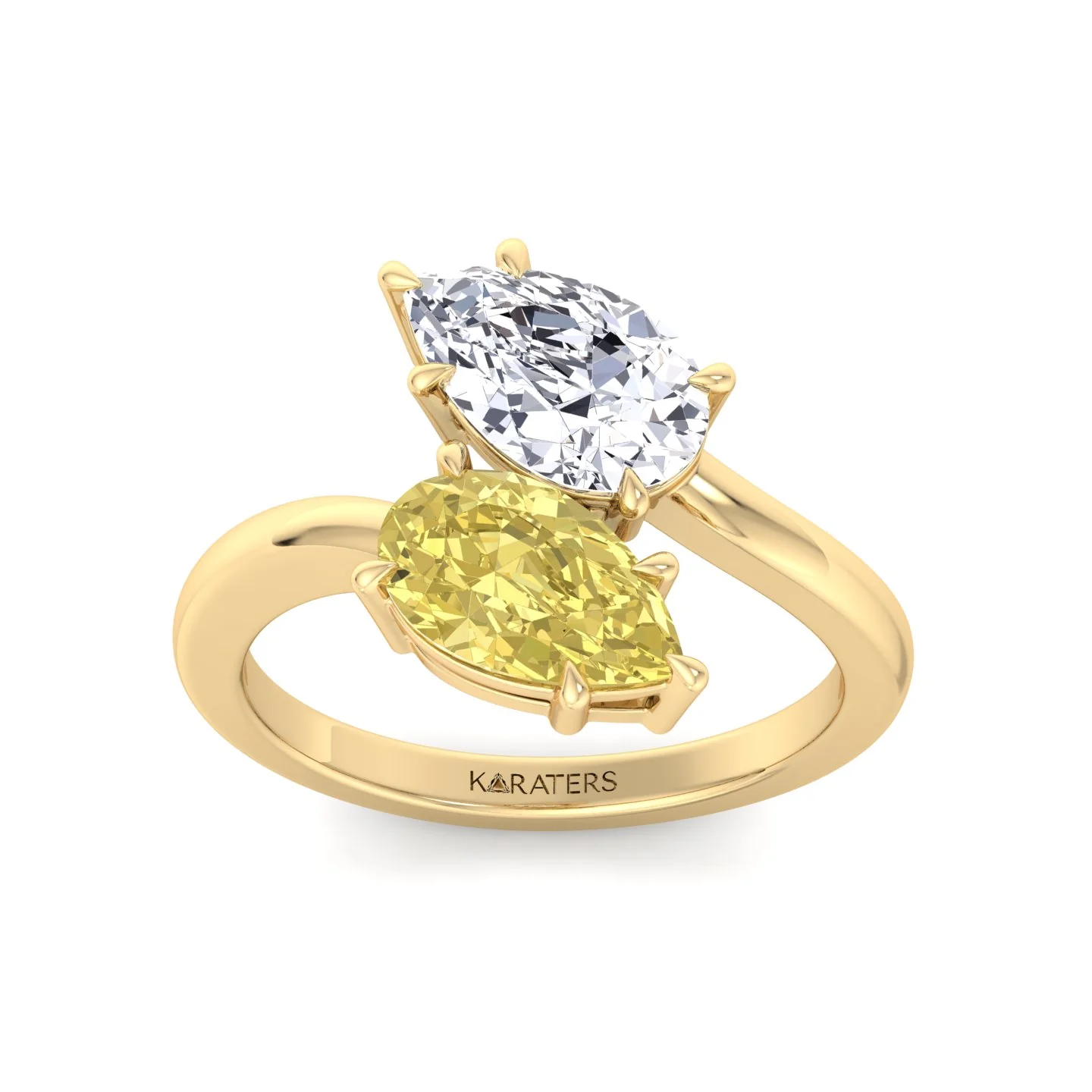 Fancy Yellow Pear Shape Lab Grown Diamond Bypass Two Stone Engagement Ring - Image 8