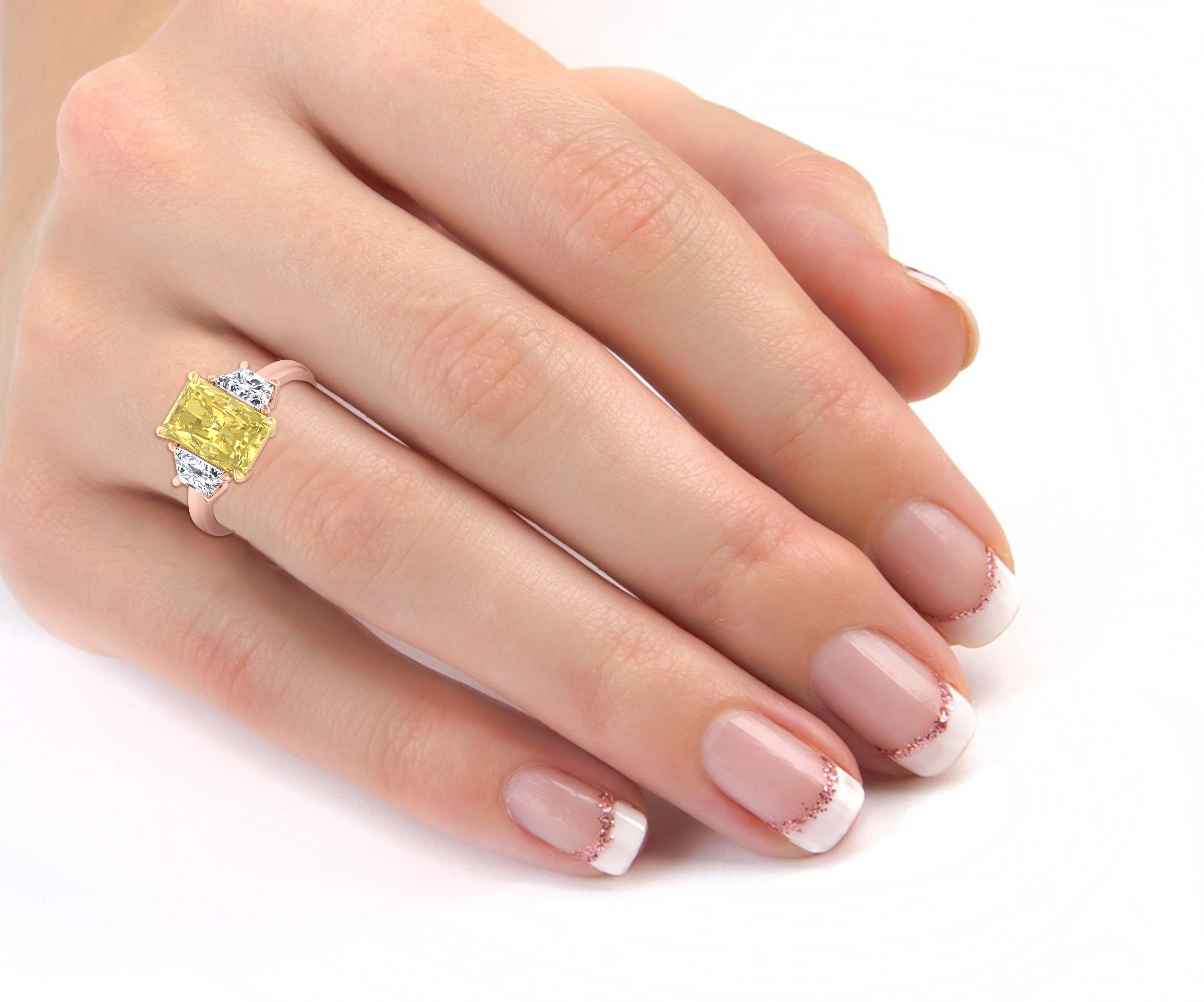 Fancy Yellow Radiant & Trapezoid Three Stone Lab-Diamond Engagement Ring - Image 12