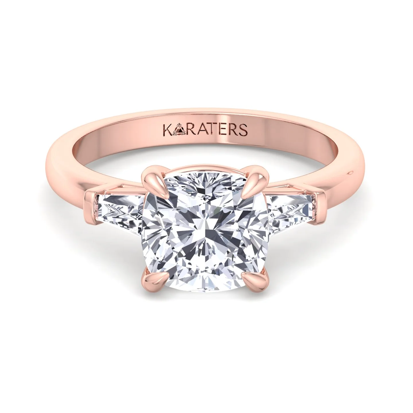 Cushion Cut Solitaire Lab Diamond Engagement Ring with Tapered Baguette SideStones - Image 10
