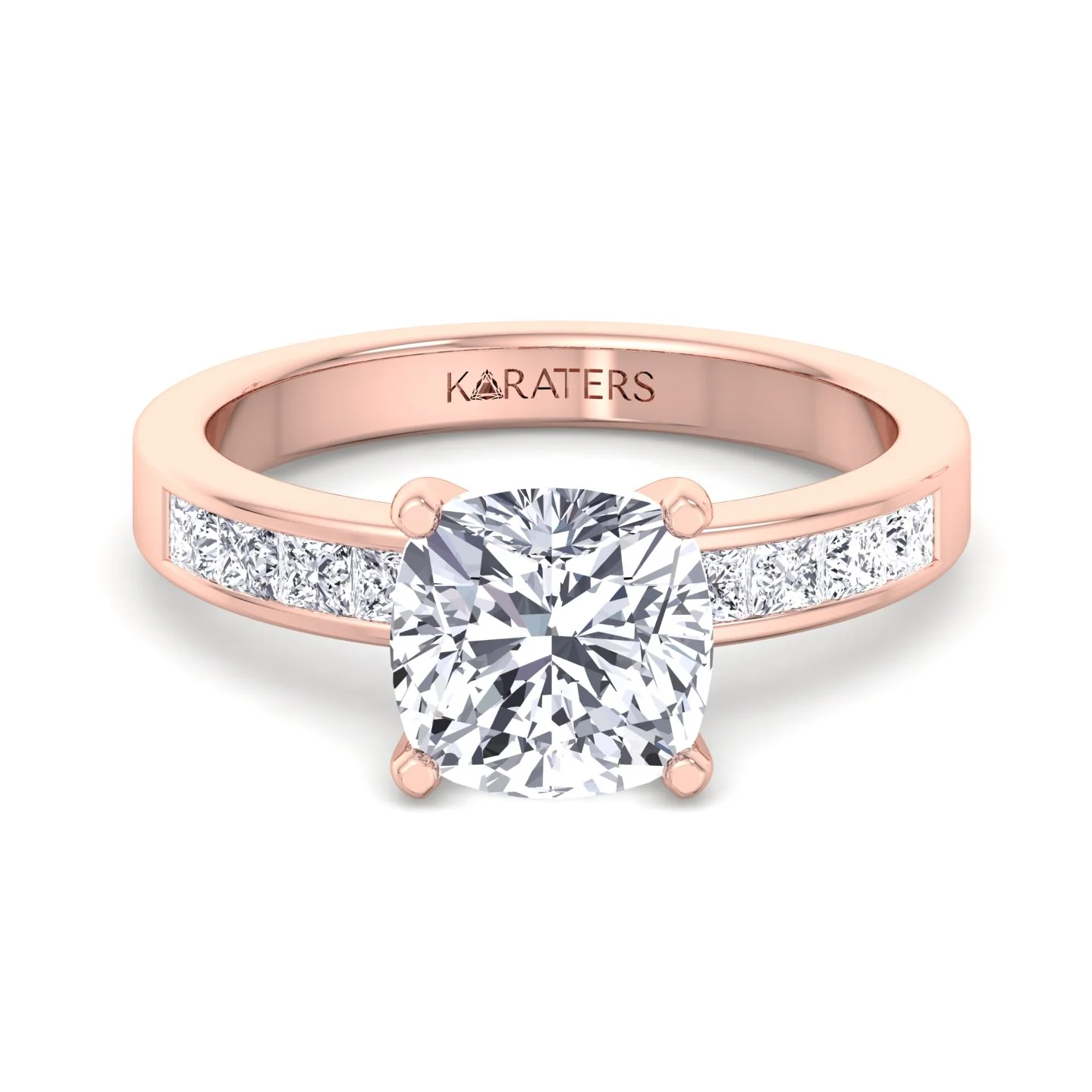Cushion Cut Lab Grown Diamond Engagement Ring With Princess Cut SideStones - Image 11