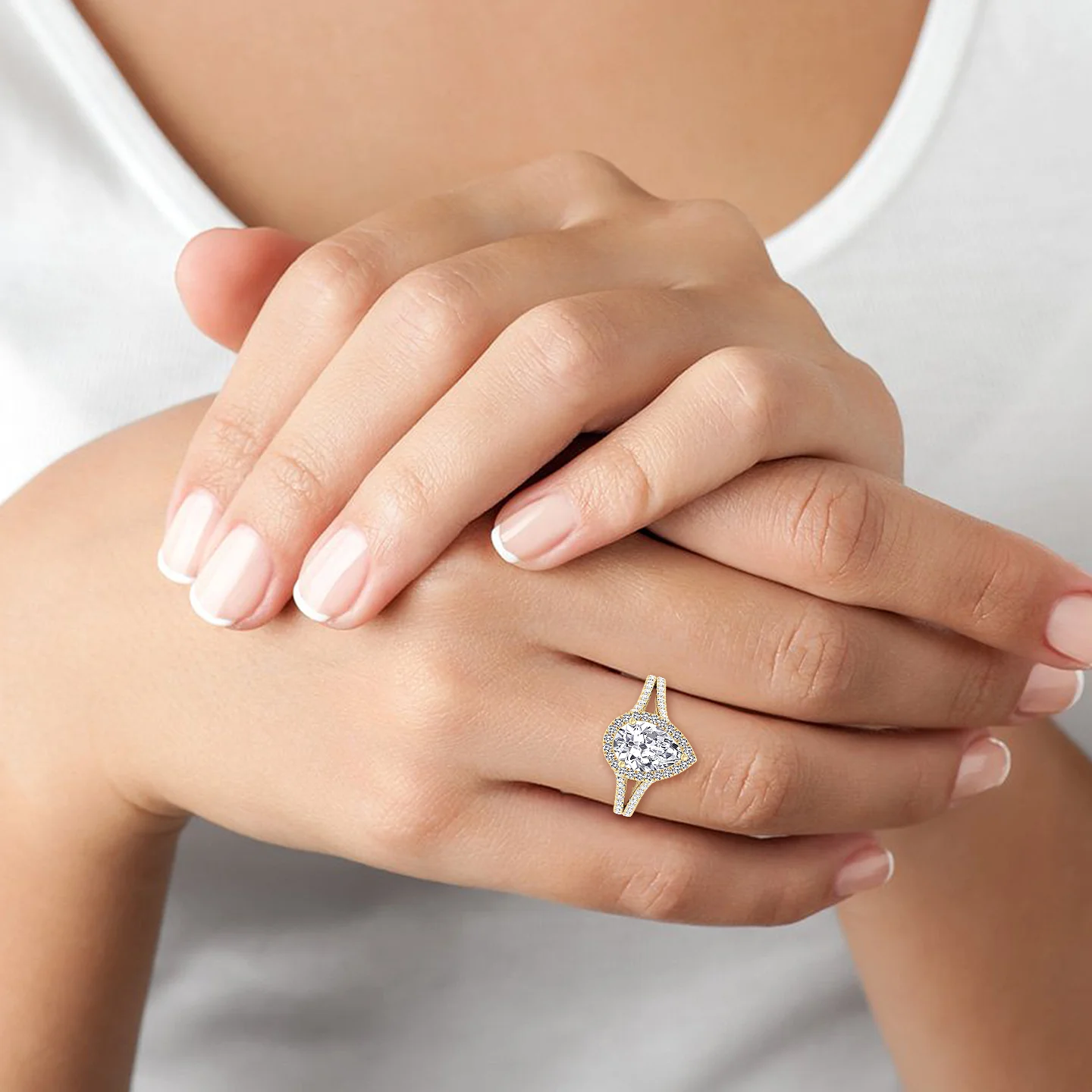 Pear Shaped Lab Grown Diamond Halo Engagement Ring with Pave Double Band - Image 12