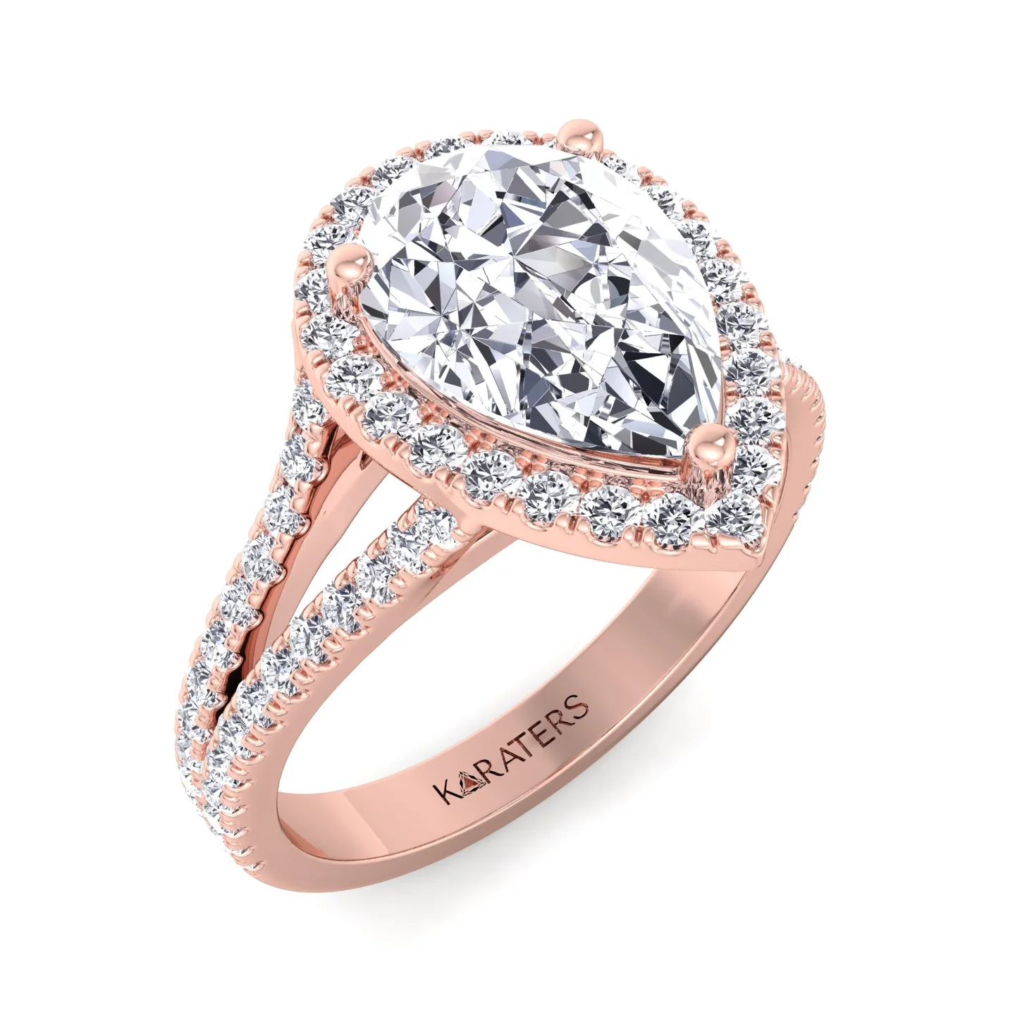 Pear Shaped Lab Grown Diamond Halo Engagement Ring with Pave Double Band - Image 13