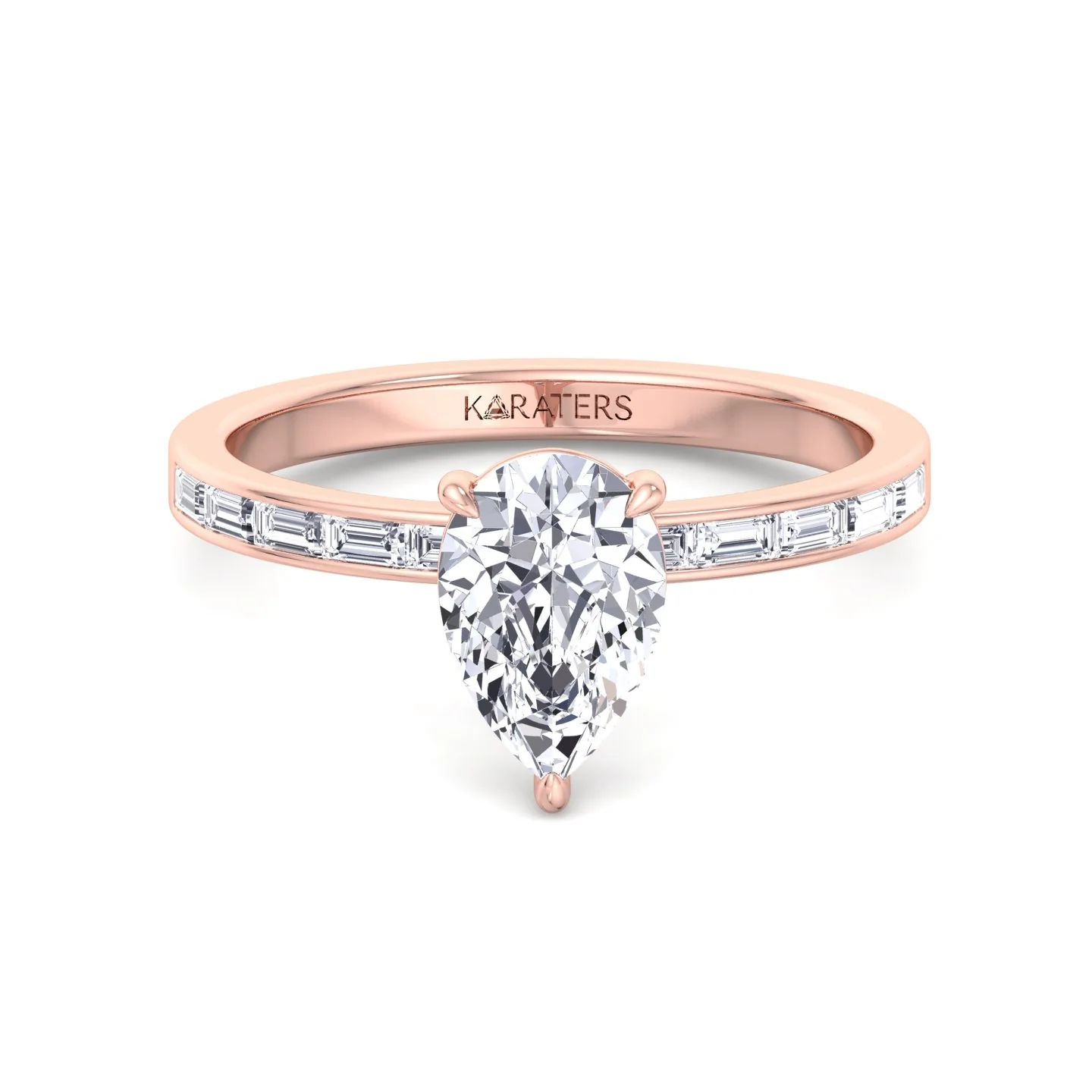 Pear Shape Lab Grown Engagement Ring with Channel Set Baguette Shape Side Stones - Image 12