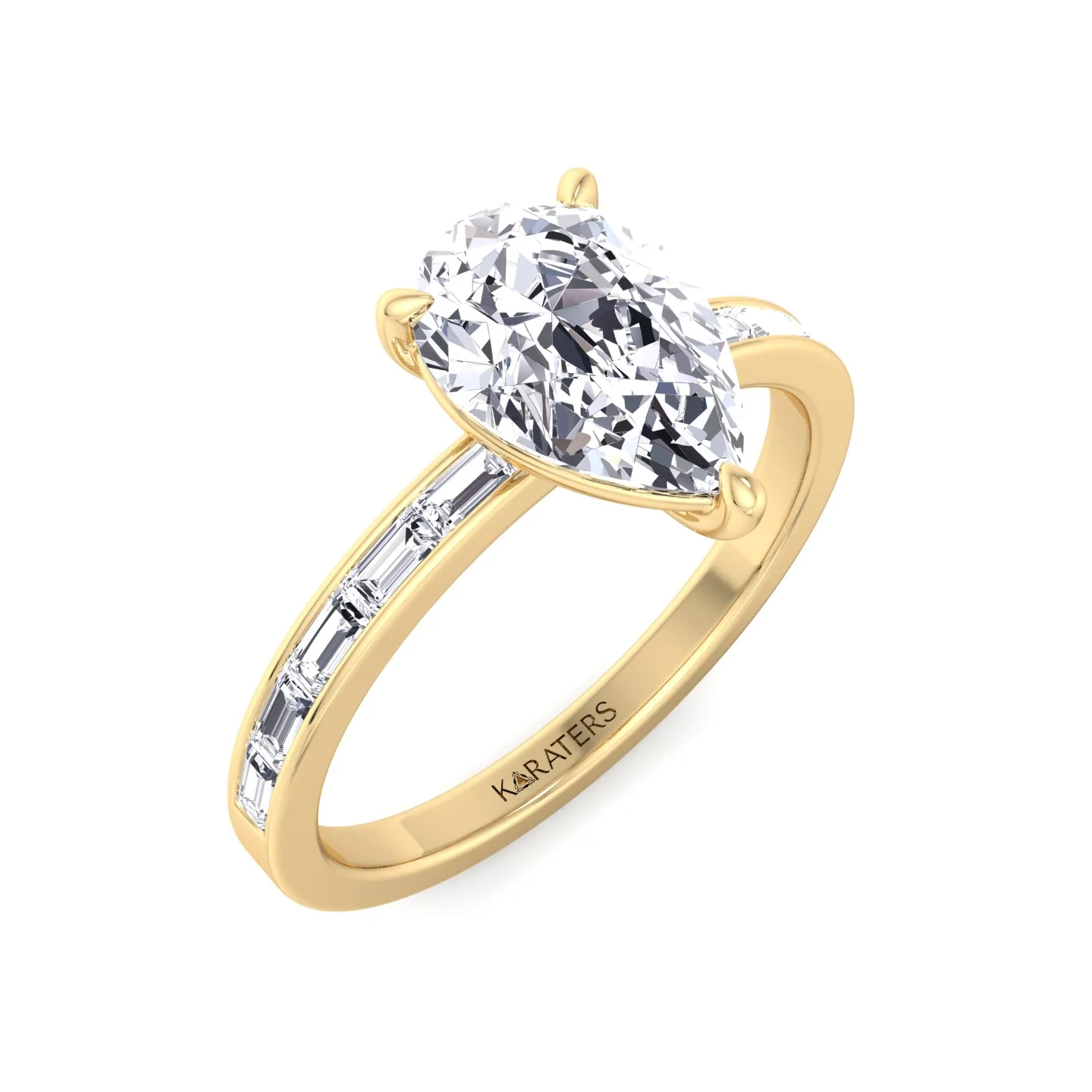 Pear Shape Lab Grown Engagement Ring with Channel Set Baguette Shape Side Stones - Image 6