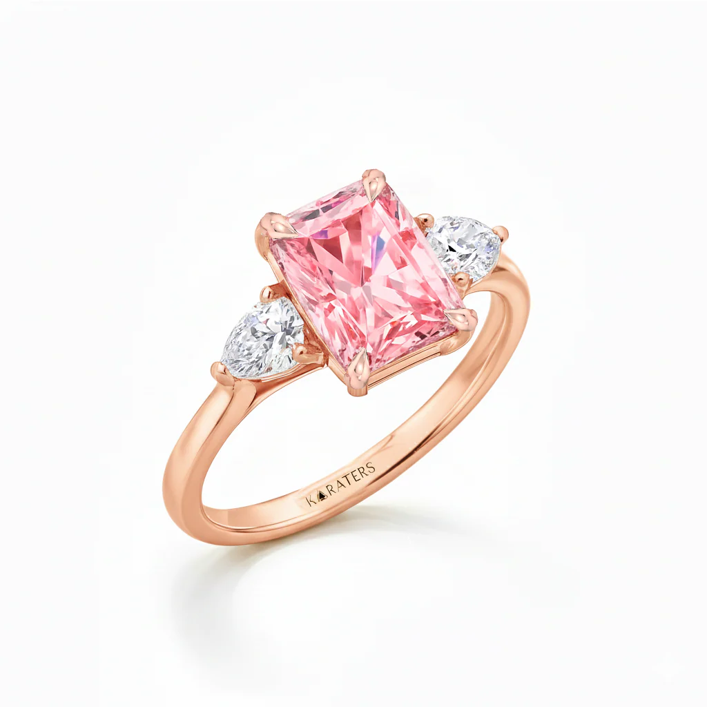 Pink Radiant Cut and White Pear Shape Diamond Engagement Ring - Image 8