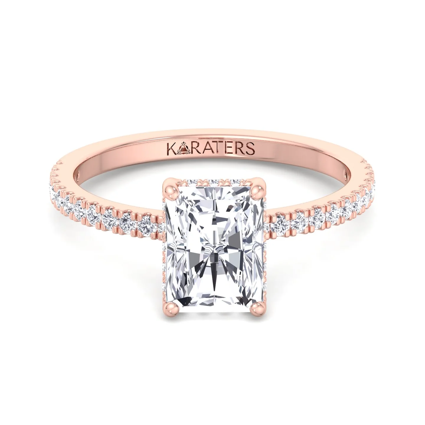 Radiant Cut Lab Grown Diamond Hidden Halo Engagement Ring with Pave Band - Image 14