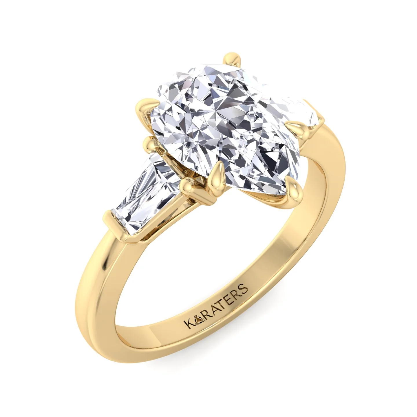 Pear Shaped Cut Lab Grown Diamond Solitaire Engagement Ring with Tapered Baguette SideStones - Image 9