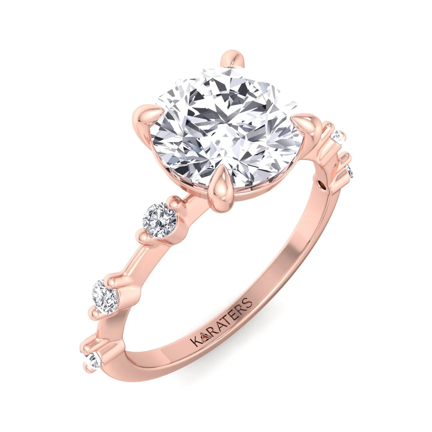 Round Cut Solitaire Lab Grown Diamond Engagement Ring With Sidestones - Image 5