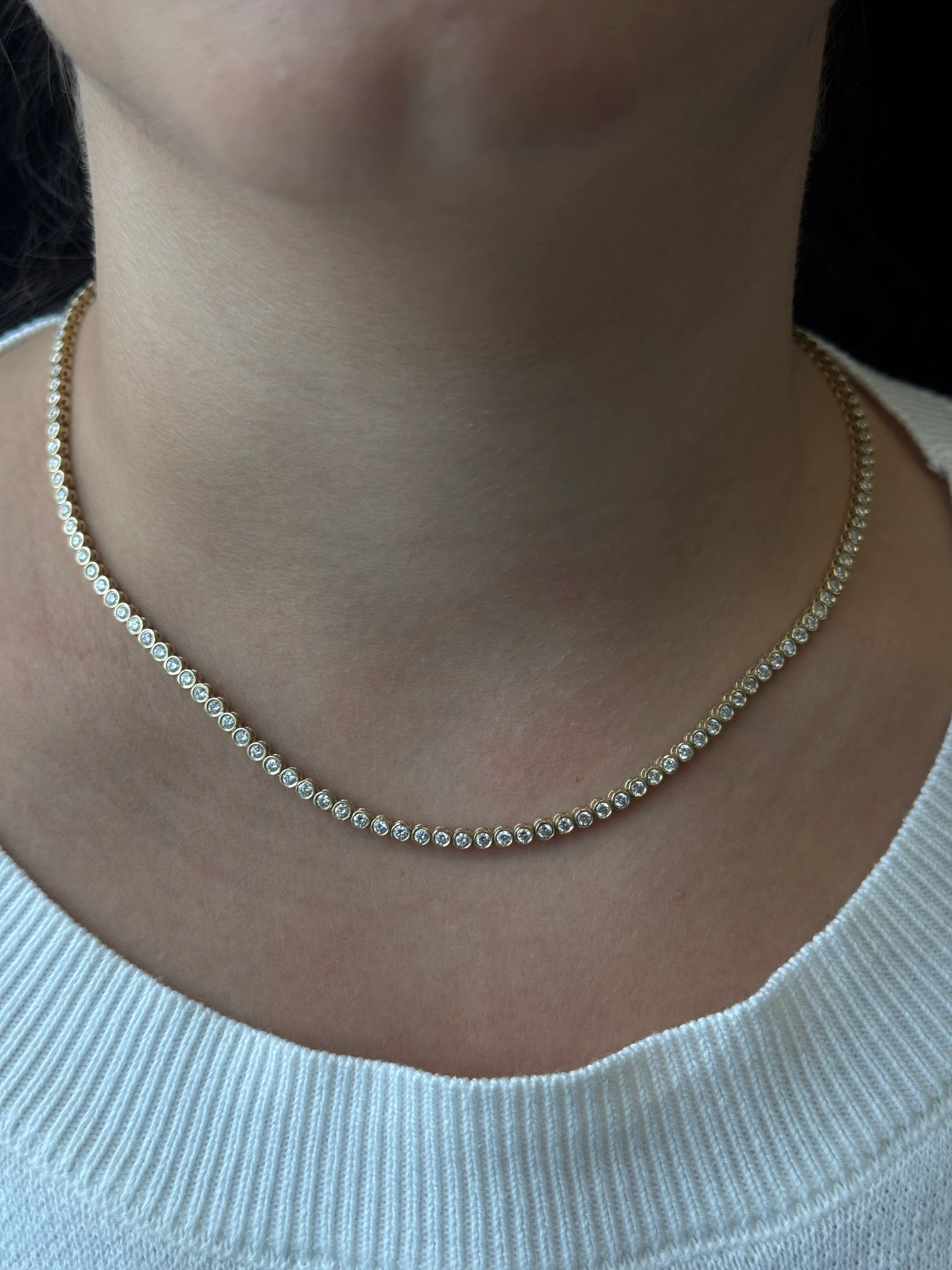 Round Shape Bezel Set Lab Grown Diamond Tennis Necklace 14K Solid Gold - Image 8