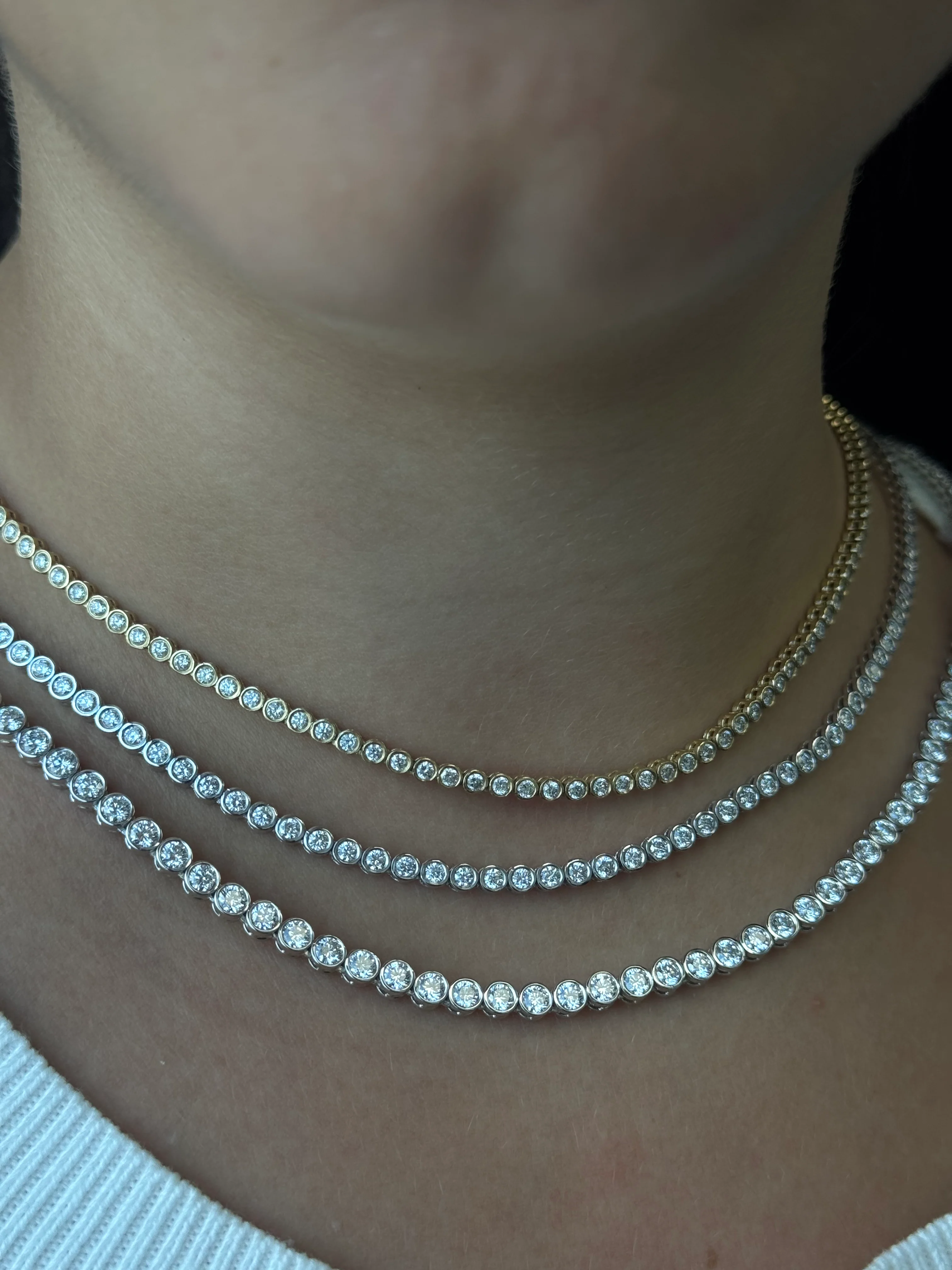 Round Shape Bezel Set Lab Grown Diamond Tennis Necklace 14K Solid Gold - Image 9