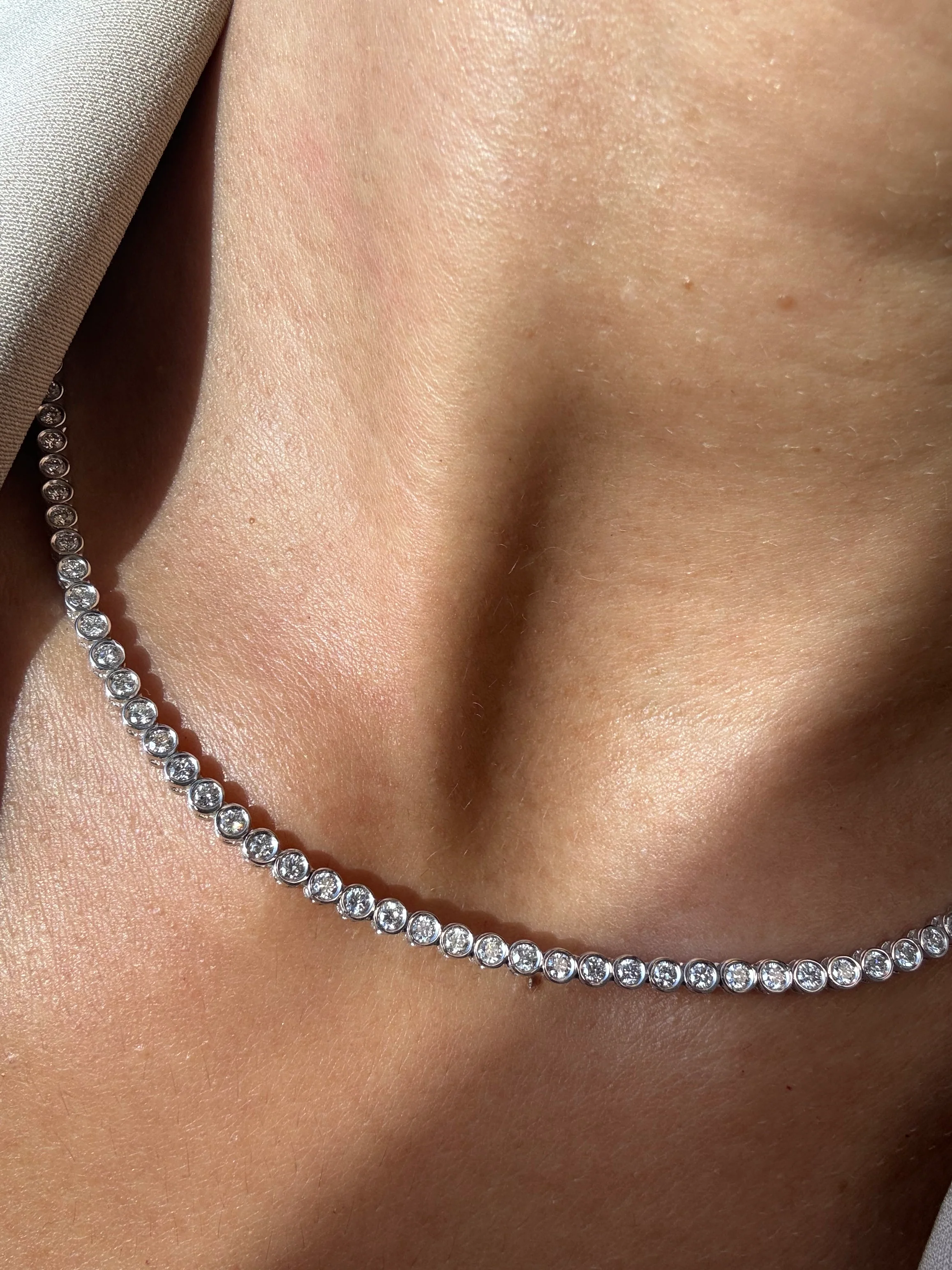 Round Shape Bezel Set Lab Grown Diamond Tennis Necklace 18K Solid Gold - Image 3