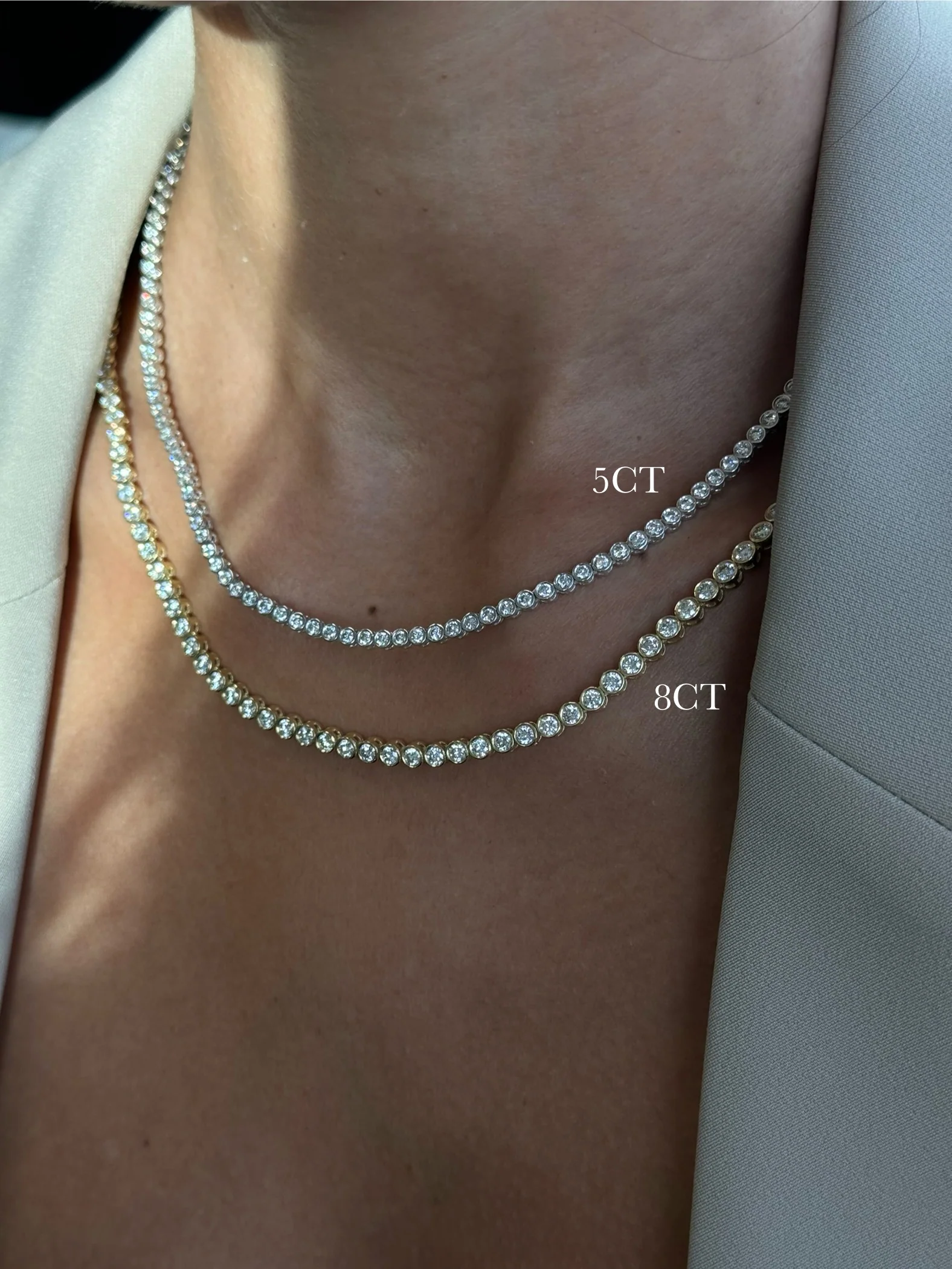 Round Shape Bezel Set Lab Grown Diamond Tennis Necklace 18K Solid Gold - Image 4