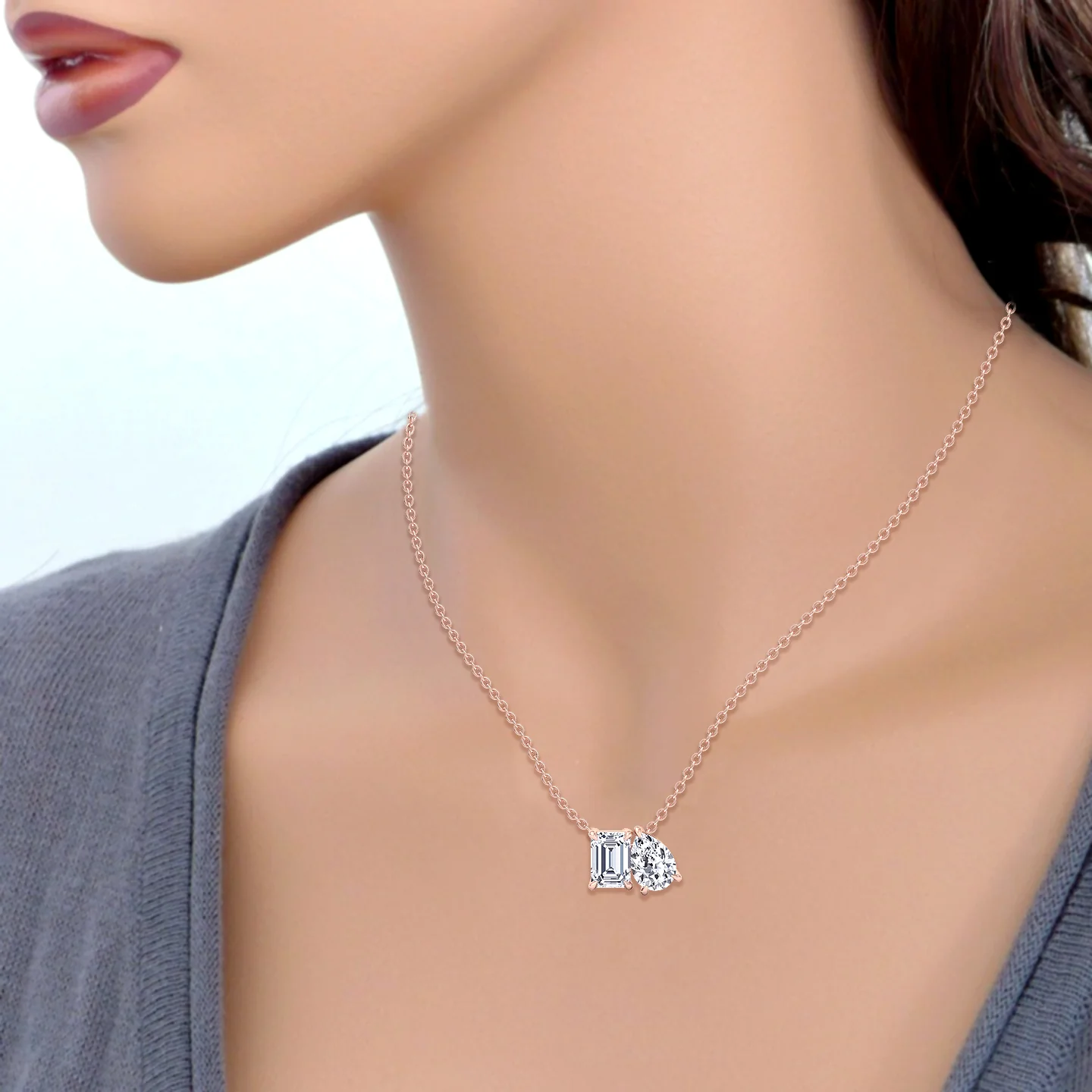 Toi Et Moi Emerald & Pear Shape Lab Grown Diamond Pendant - Image 19