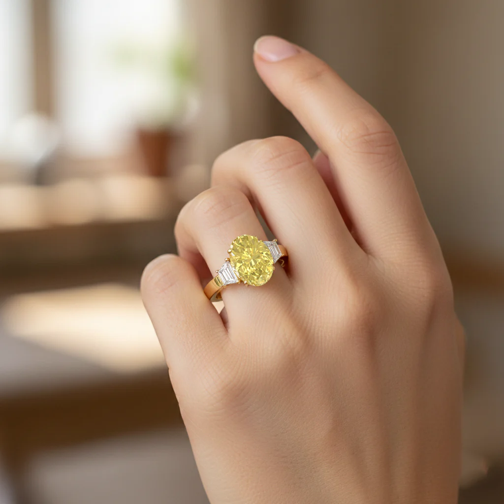 Yellow Oval Lab Grown Diamond with Trapezoid Side Stone Engagement Ring - Image 7